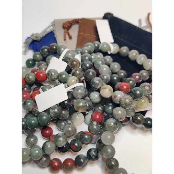 African Bloodstone Stretch Bracelet 8mm round natural stone w/ felt pouch-B818 - Picture 10 of 11
